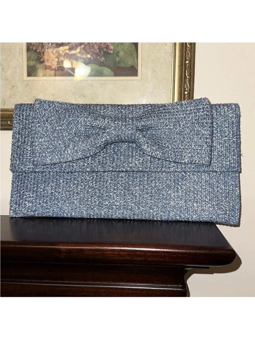 kelly & katie Blue White Heathered Paper Straw Large Bow Envelope Clutch